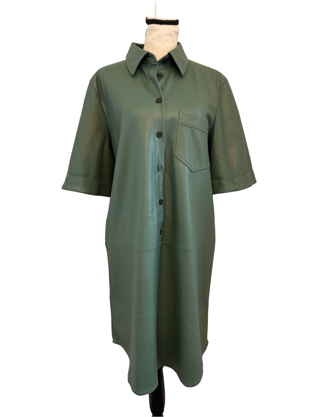 MNG Mango Faux Leather Shirt Dress Green Button Front Pocket Midi Size 10 NWT